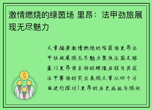激情燃烧的绿茵场 里昂：法甲劲旅展现无尽魅力
