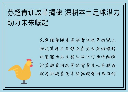 苏超青训改革揭秘 深耕本土足球潜力助力未来崛起
